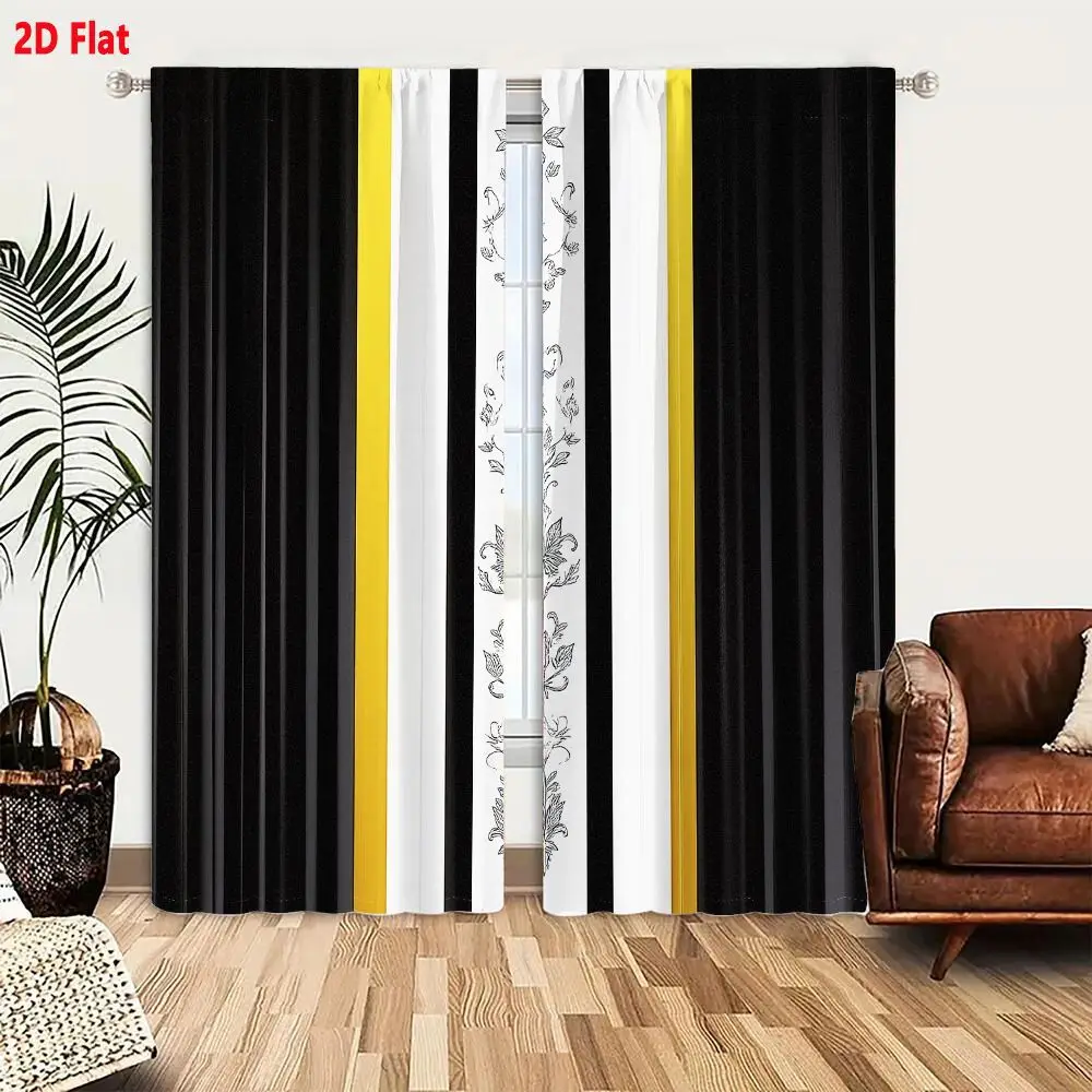 2Pcs Curtains Add 2D Flat Vertical Decorative Border Design With Black Glossy Panels Gold Stripes And Baroque Ornate Central Mot