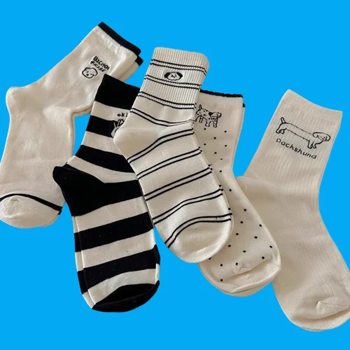 

2/5 Pairs Mid-Tube Striped College Style Socks Spring and Summer Japanese Striped Cartoon Puppy Ins Cute Stacked Trendy Socks