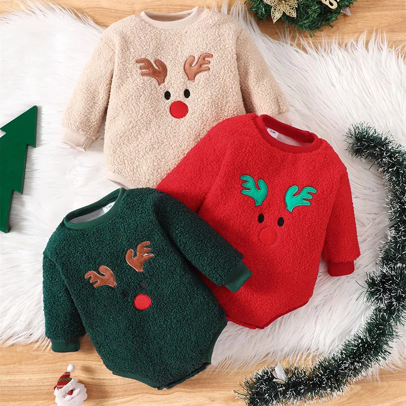 MILANCEL New Winter Baby Bodysuit Christmas Day Toddler Girls Cute Elk Jumpsuit Infant Fleece Lining Outwear One Piece