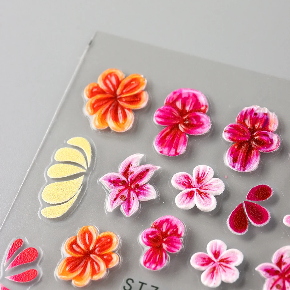 2 uds 5D en relieve rosa vino rojo pegatinas de flores para uñas orquídea Plumeria adhesivo Floral pegatinas de uñas verano océano pétalo encantos