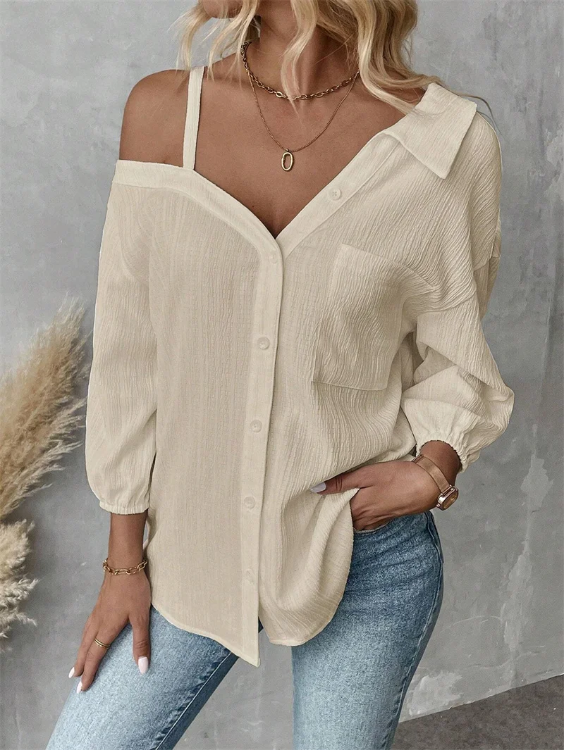 2025 femmes Blouse automne couleur unie Sexy évider conception chemises nouveau décontracté ample à manches longues chemise bureau dames Blusas Mujer