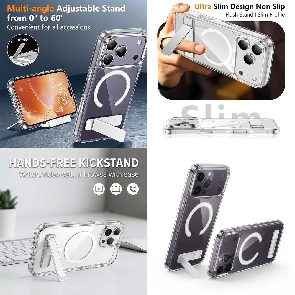 Magnetische Transparente Handyhülle mit Halterung und Fallschutz, Weicher Rahmen für iPhone 16 17 15 14 Plus 13 mini 12 11 Pro Max