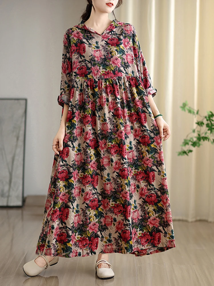 2025 outono novo com capuz manga longa vintage floral impressão vestidos longos para mulheres casual solto elegante vestido femme robe roupas