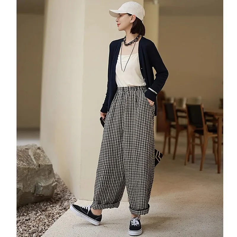 New 2024 Summer Arts Style Women Elastic Waist Loose Ankle-length Pants All-matched Casual Cotton Linen Plaid Harem Pants