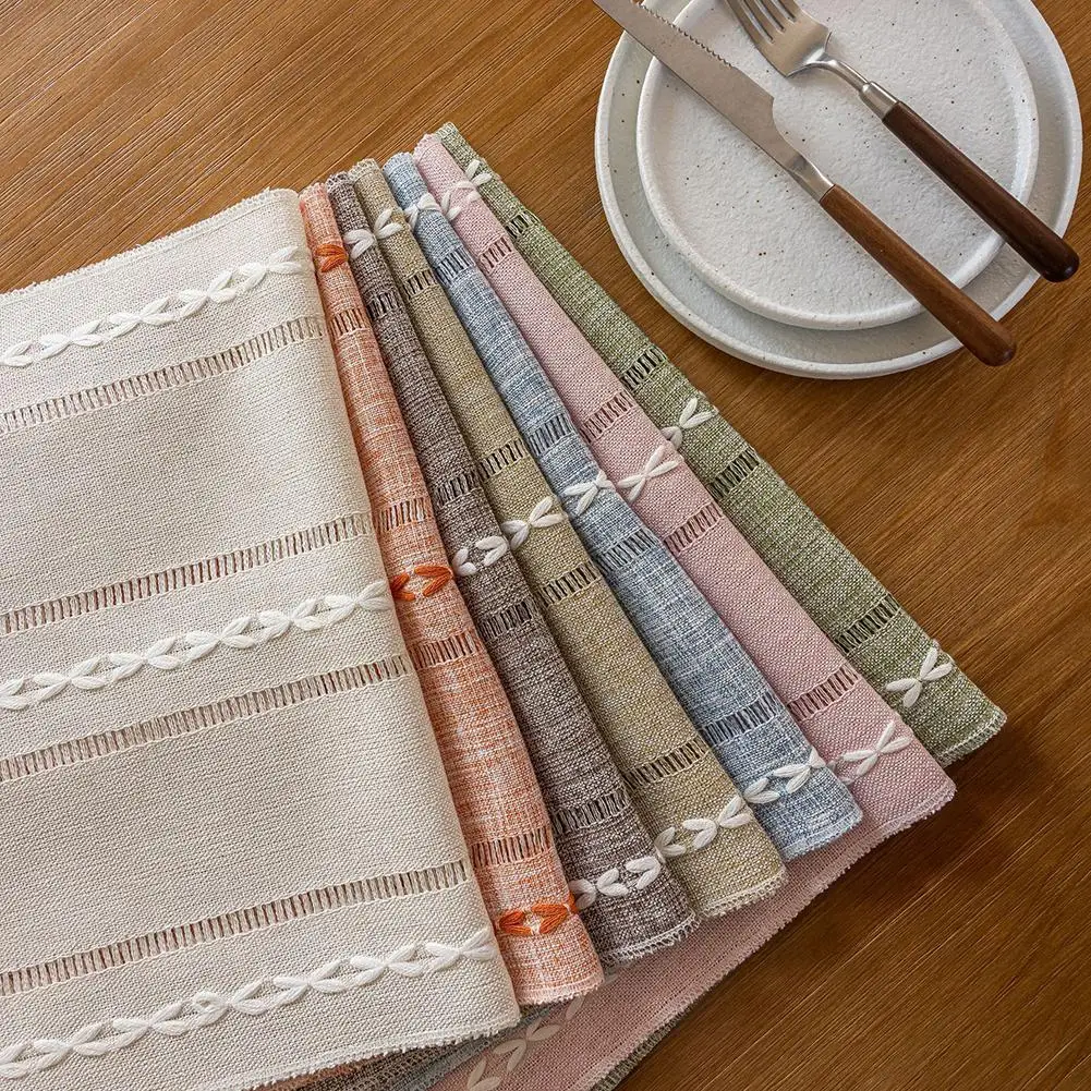 Table 33 x 180 cm Made of Linen Polyester Blend for Dining Table with Embroidered Stripes Hollow Detail and Drape