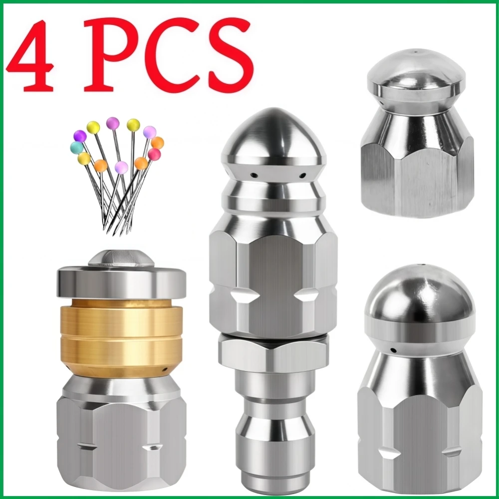 4 Pcs Pressure Washer Sewer Jetter Nozzle Kit Stainless Steel Rotating Nozzle 1/4 Quick Plug Nozzle Pipeline Cleaning Tools