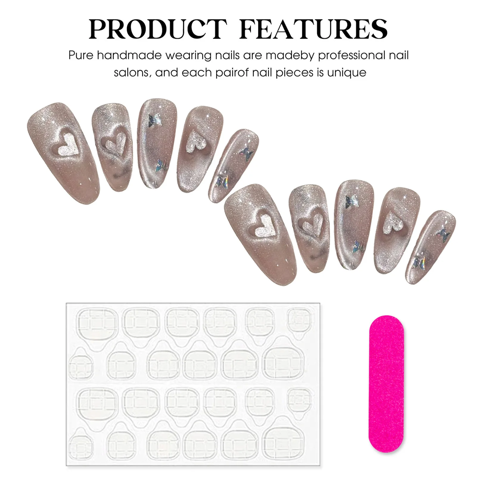 Uñas postizas rosas hechas a mano con brillo de ojo de gato, uñas postizas en forma de corazón, cobertura completa, puntas de uñas postizas de mariposa y almendra desmontables