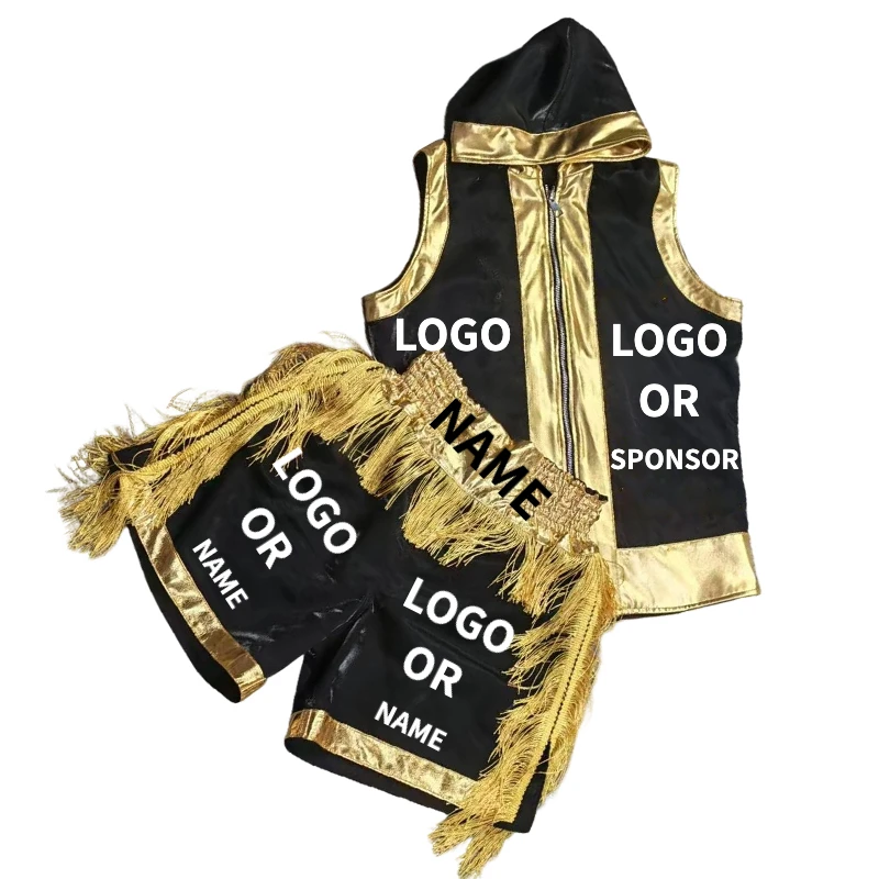 Custom Boxing Robe Shorts Set Personalized Hooded Sleeveless Boxing Entrance Robe Fringe Fight Match Training Competition Shorts