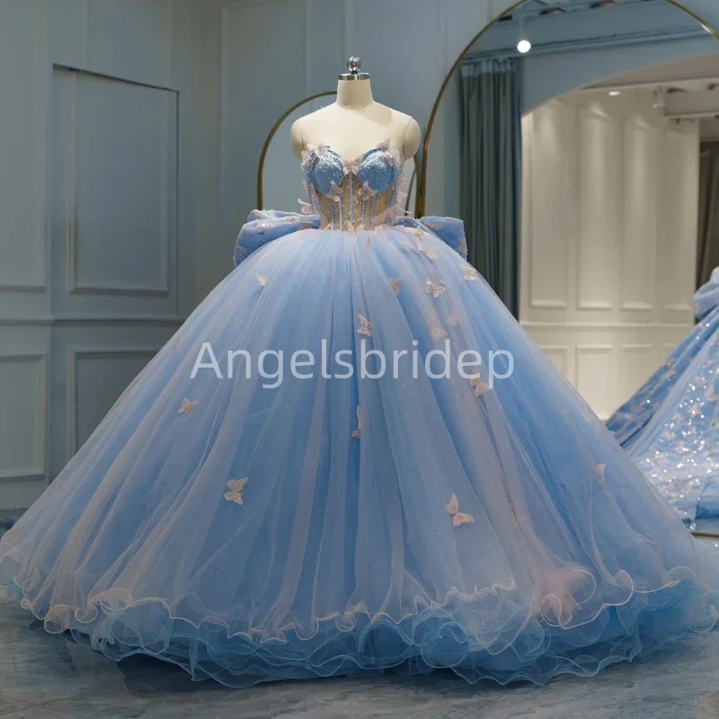 Angelsbridep Customized Sky Blue Ball Gown Quinnceanera Dresses 3D Butterfly Bow Evening Party Vestidos De 15 Años Quinceañeras