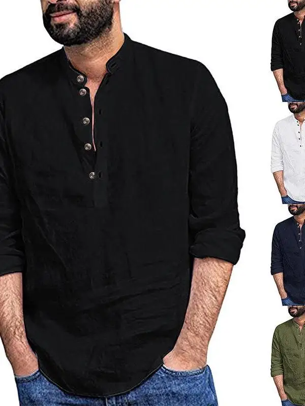 

Mens Trendy Stand up Collar Shirt Cotton Linen Long Sleeve Simple Style Pure Color Button up Casual Business Wear for Men