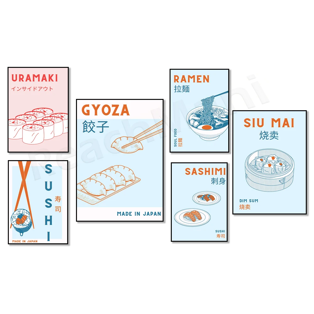 Japanisches Lebensmittelposter, Sushi-Rollen, Uramaki-Rollen, Sashimi, Ramen, Knödel, Sushi-Weizen-Poster, Dim Sum, Küchendekoration