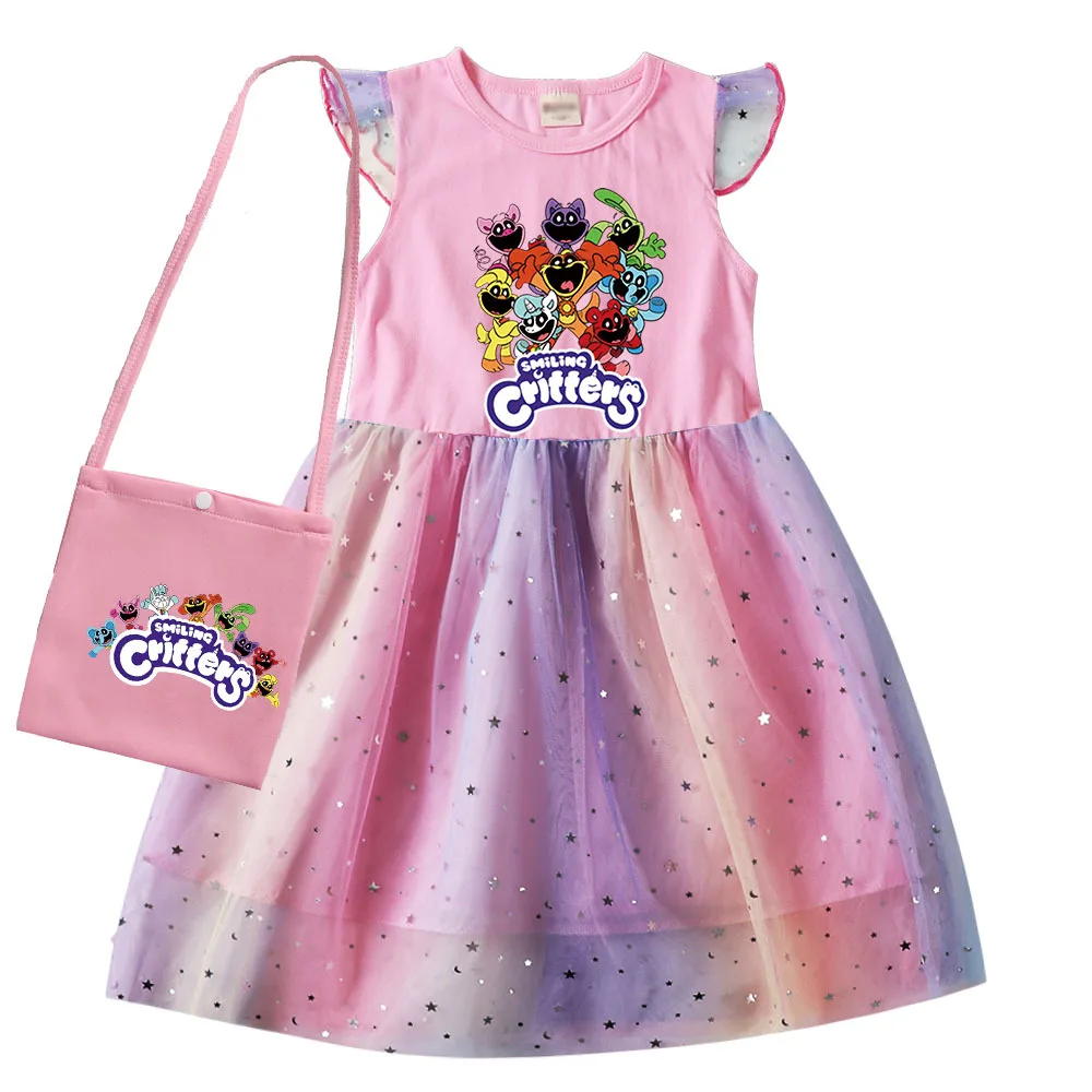 Kids Summer Clothes Baby Girls Cartoon Smiling Critters Cosplay Costume Catnap Princess Dress Rainbow  Mesh Birthday Vestidos