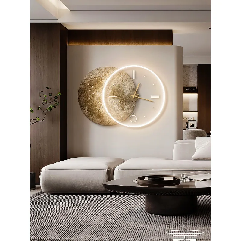 Wabi-sabi wind living room decorative painting moon mural clock combination ambient light  background wall hanging painting