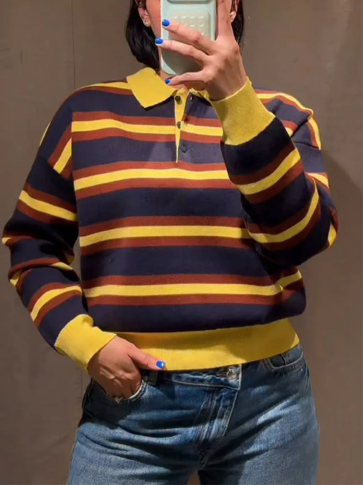 HH المرأة الخريف موضة سليم البنطال القصير أنثى شيك متعدد الألوان مخطط بولو طوق زر سترة طويلة الأكمام بلوزة كاجوال ﻿