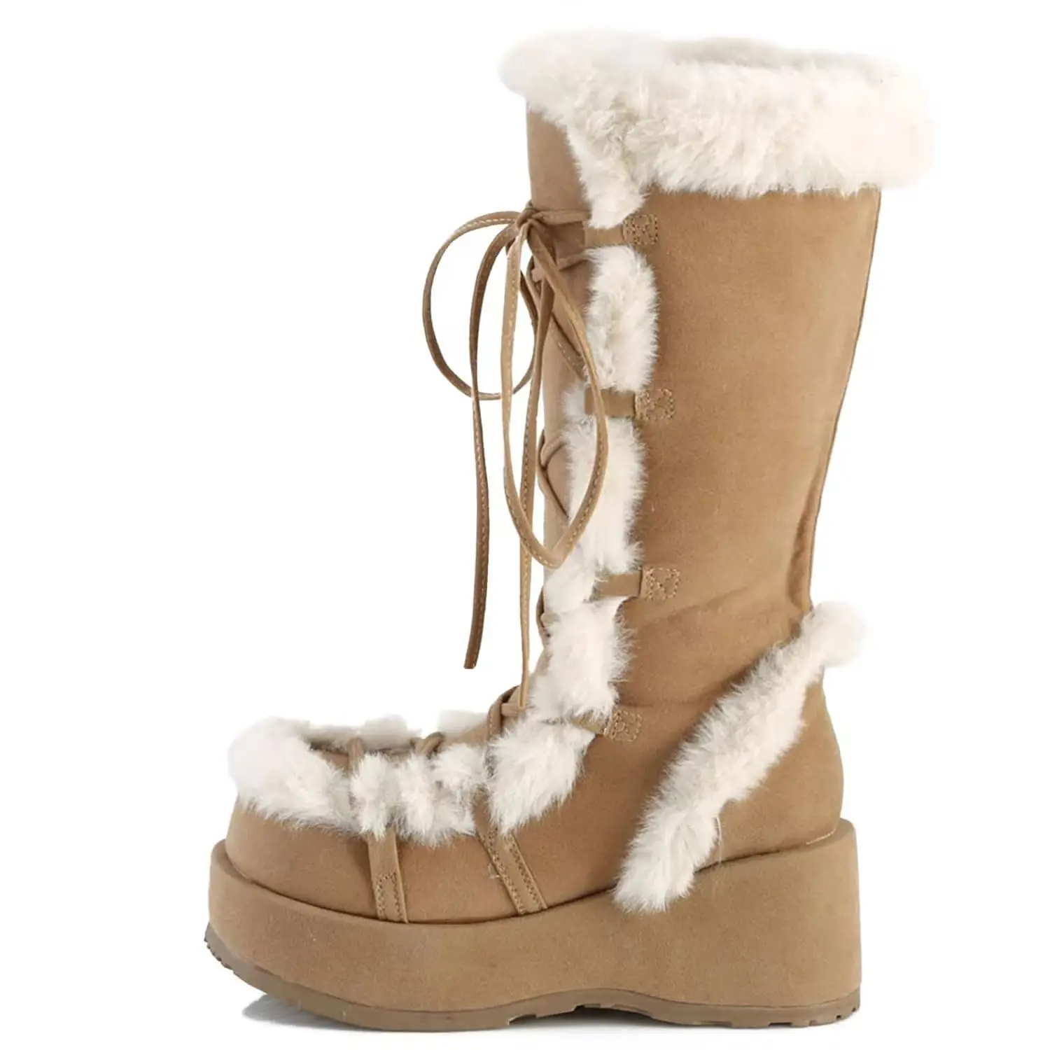 

Cozy Suede Faux Fur Trim Platform Snow Boots Lace-Up Slouchy Knee-High Boots Trendy Cold Weather Cute Autumn Winter Casual
