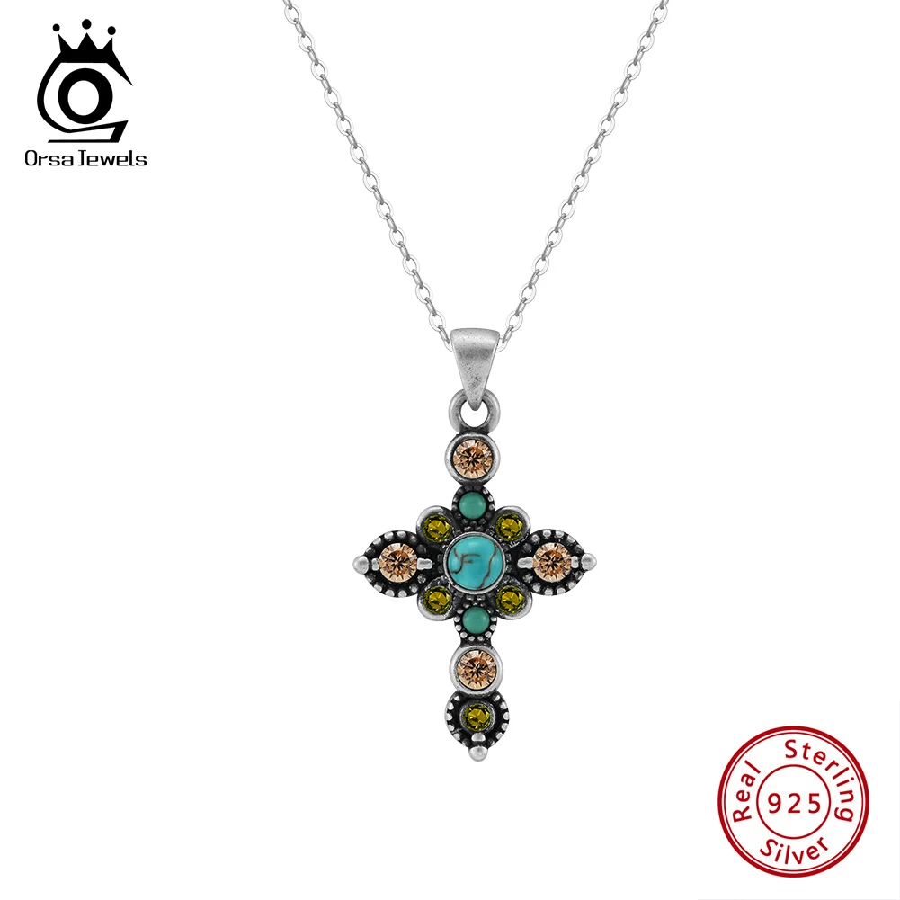 

ORSA JEWELS Brilliant Zirconia Pendant Necklace with Oxide Silver Turquoise for Women Turquoise Pendant Choker Jewelry SGMN44