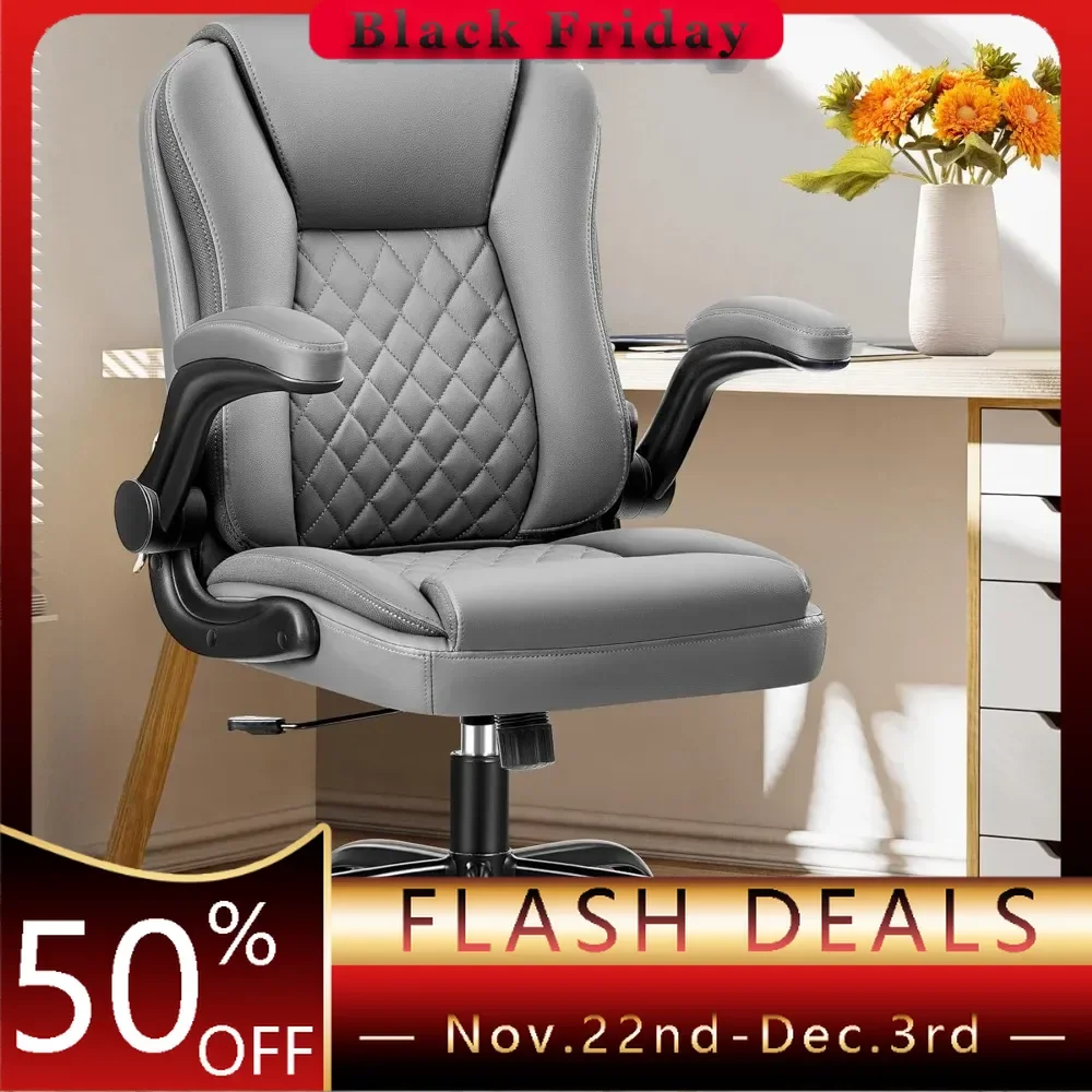 Office Chair,  Leather Ergonomic Computer Desk Chair with Wheels Swivel Task Chair with Lumbar Support and  Gray