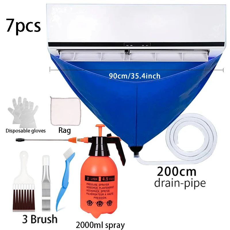 Kit de cubierta de limpieza de aire acondicionado de 90cm, bolsa de agua, juego completo de herramientas de limpieza con acondicionador de tuberías, cepillo de limpieza impermeable para verano