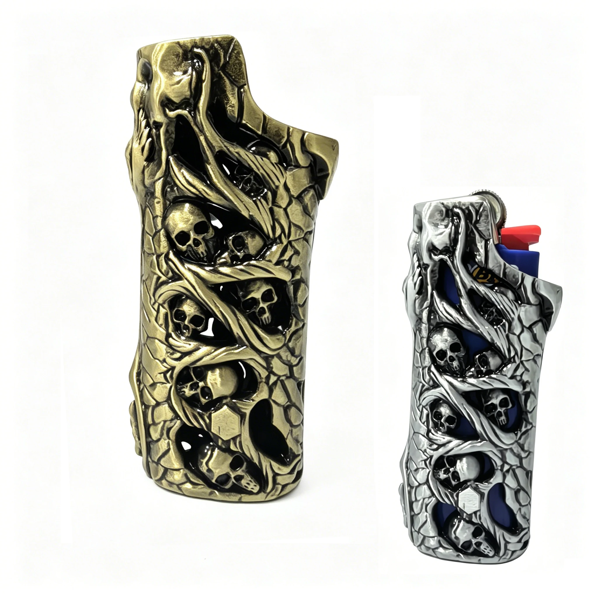 Metal Skull Vine BIC J6 Lighter Case 3D Carved Zinc Alloy Cover Holder Max Standard Size Sleeve Dark Punk Style  Men Gift