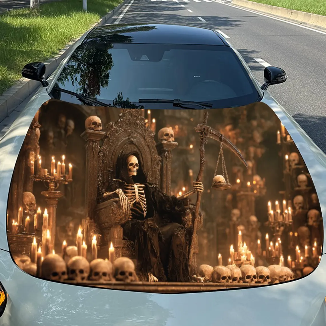 Nether Hall Reaper Myriad Crânios e Sombras de Vela Envoltório de Vinil para Carro, Material PVC Adesivo para Capô de Carro À Prova D 'Água, Scratc Autoadesivo