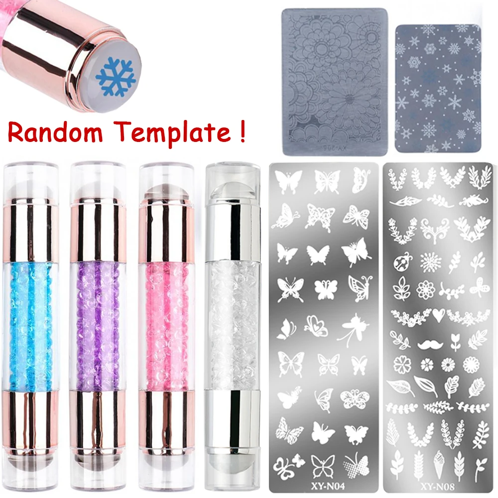 4Pcs Double Sided Nail Stamper Stamping Plate Set Silicone Stamper Crystal Handle Stamp Random Template Easy Print Stamper Kit*-