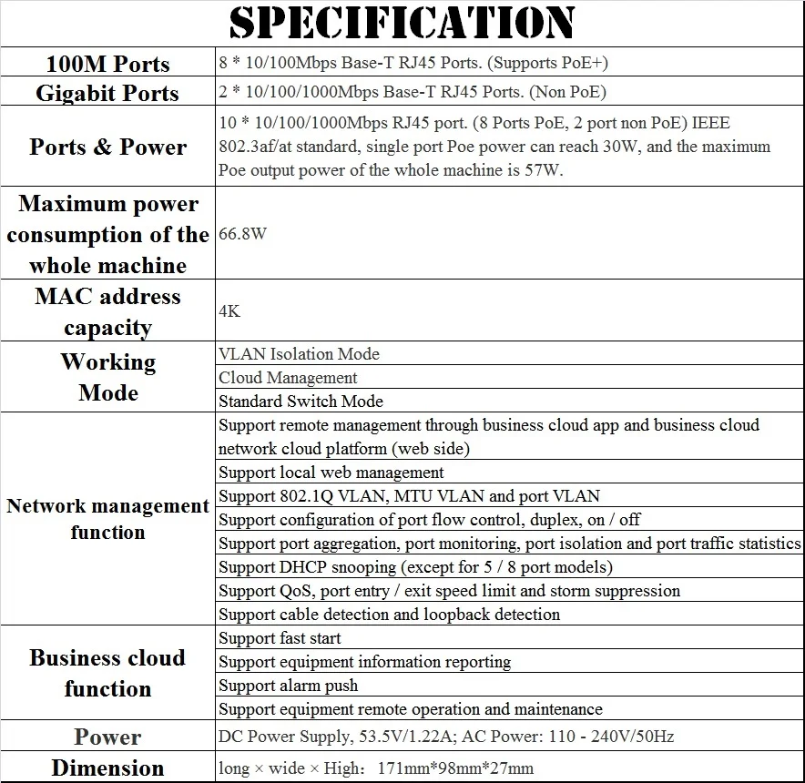 10 portos de gerenciamento de rede switch 57w poe portas 2*1000m uplink, sup/poe + fonte de alimentação para câmera ap etc, chinês-firmware