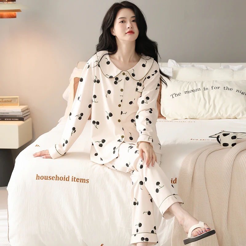 

Big yards fruit pattern home clothes modal cotton pajamas set for female spring autumn lapel round neck cardigan women sleepwear