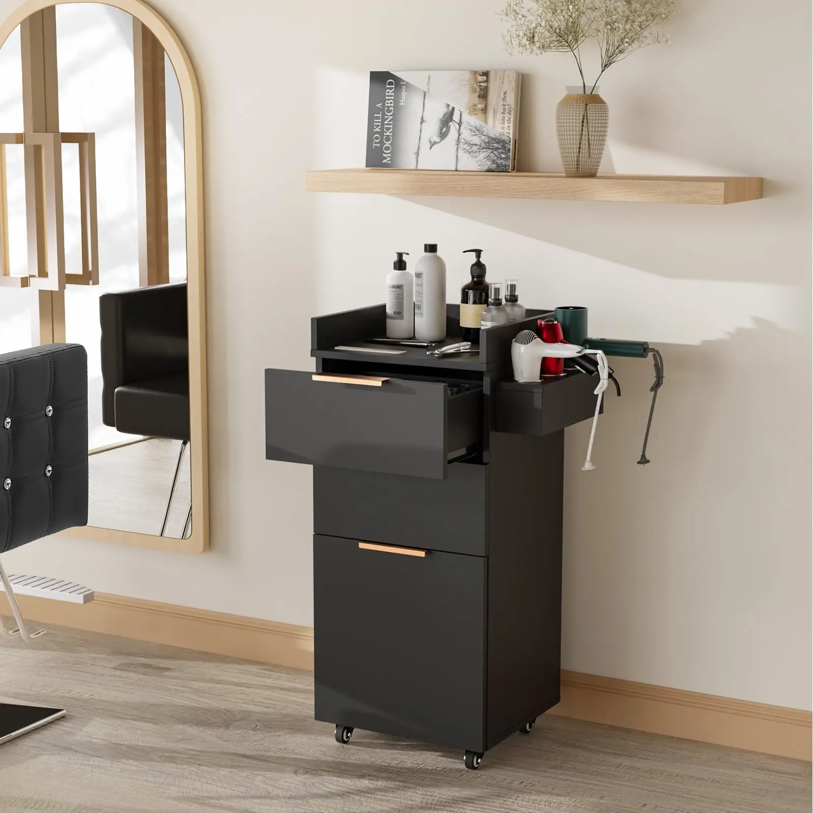 Salon Trolley with Wheels, 2 Drawers & 1 Storage Cabinet, Salon Cart for Hair Stylist, Portable Styling Station for