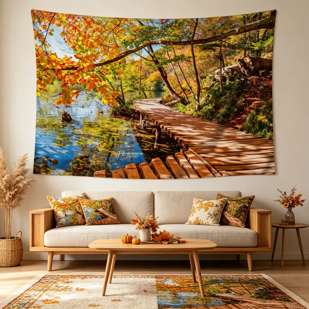 1PC Fall Wooden Path Lake View Print Backdrop Banner, Bedroom Living Room Photo Background, Polyester, Home Decor, Wall Art