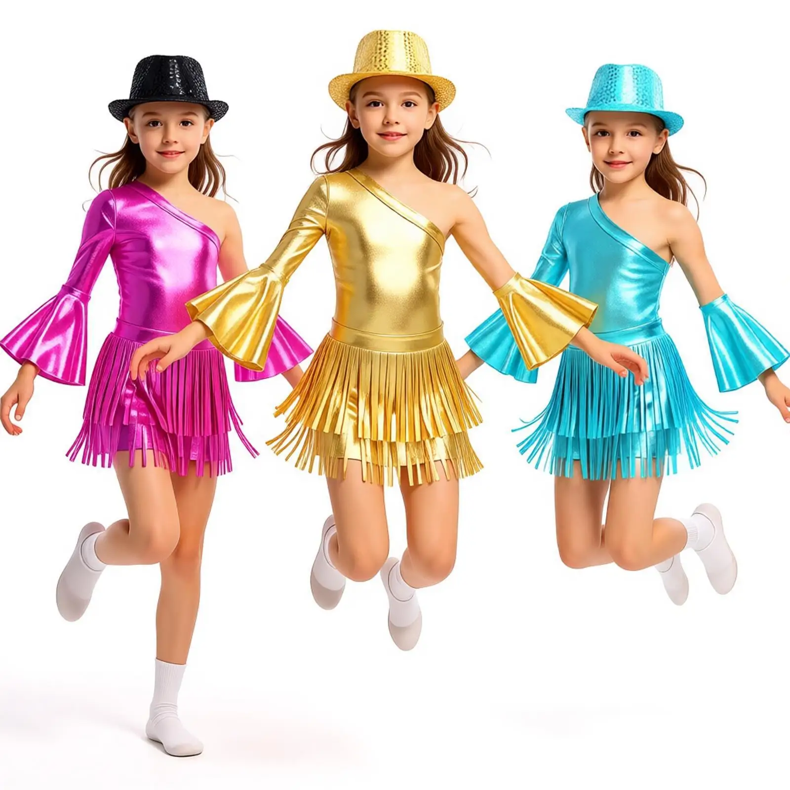 Kids Girls 70s Disco Street Jazz Dance Outfit Metallic Bodysuit Tassel Skirt Hat Stage Music Festival Party Performance Costume