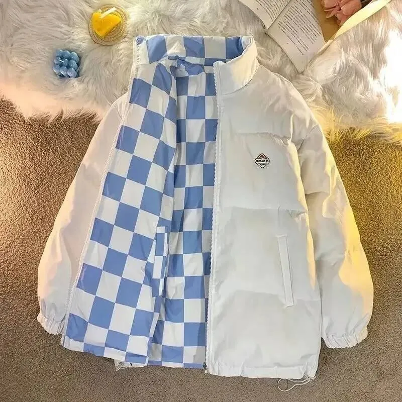 

Double-Sided Wear Cotton Jacket Loose Fit Collared Plaid Winter Coat Versatile Hong Kong Style Couple Outerwear