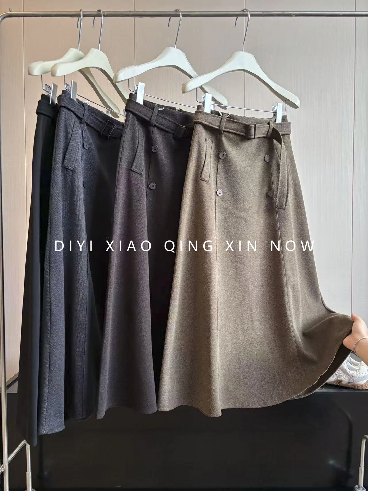 Thickened Woolen A-Line Skirt Women's Autumn Winter Grey Half-length Skirts Floor-length Draped Tassel High Waist Polyester