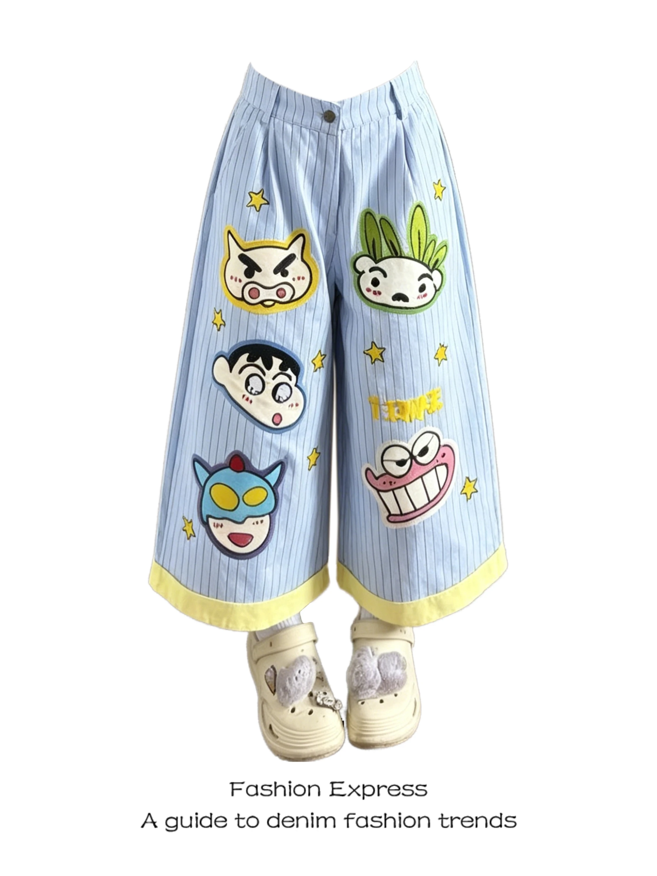 

High Waist Casual Blue Striped Embroidered Seven Inch Pants for Women Summer New Style Comfortable Mid-Thigh Shorts