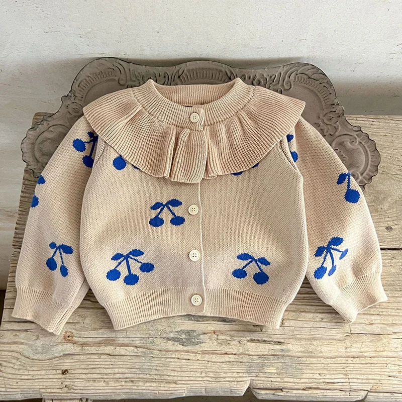 

2024 Autumn Toddler Baby Girl Knitting Cardigan Newborn Baby Girls Sweater Coat Ruffled Collar Cherry Print Baby Girl Clothing