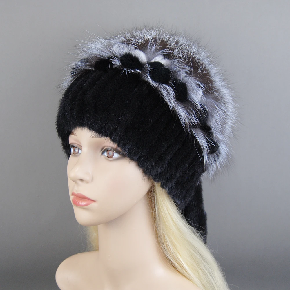 2024 Women Beanies Knitted Luxury Flower Real Mink Fur Beanies Hats Real Silver Fox Fur Hat Female Natural Mink Fur Winter Hats