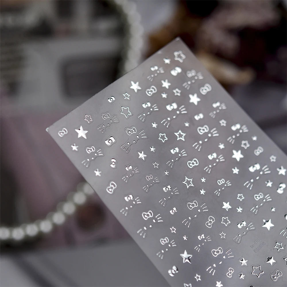 1 foglio 5D carino HelloKitty fiocco adesivo per unghie metallizzato argento Kitty Cat slider decalcomanie autoadesive adesivi per manicure Hello Kitty