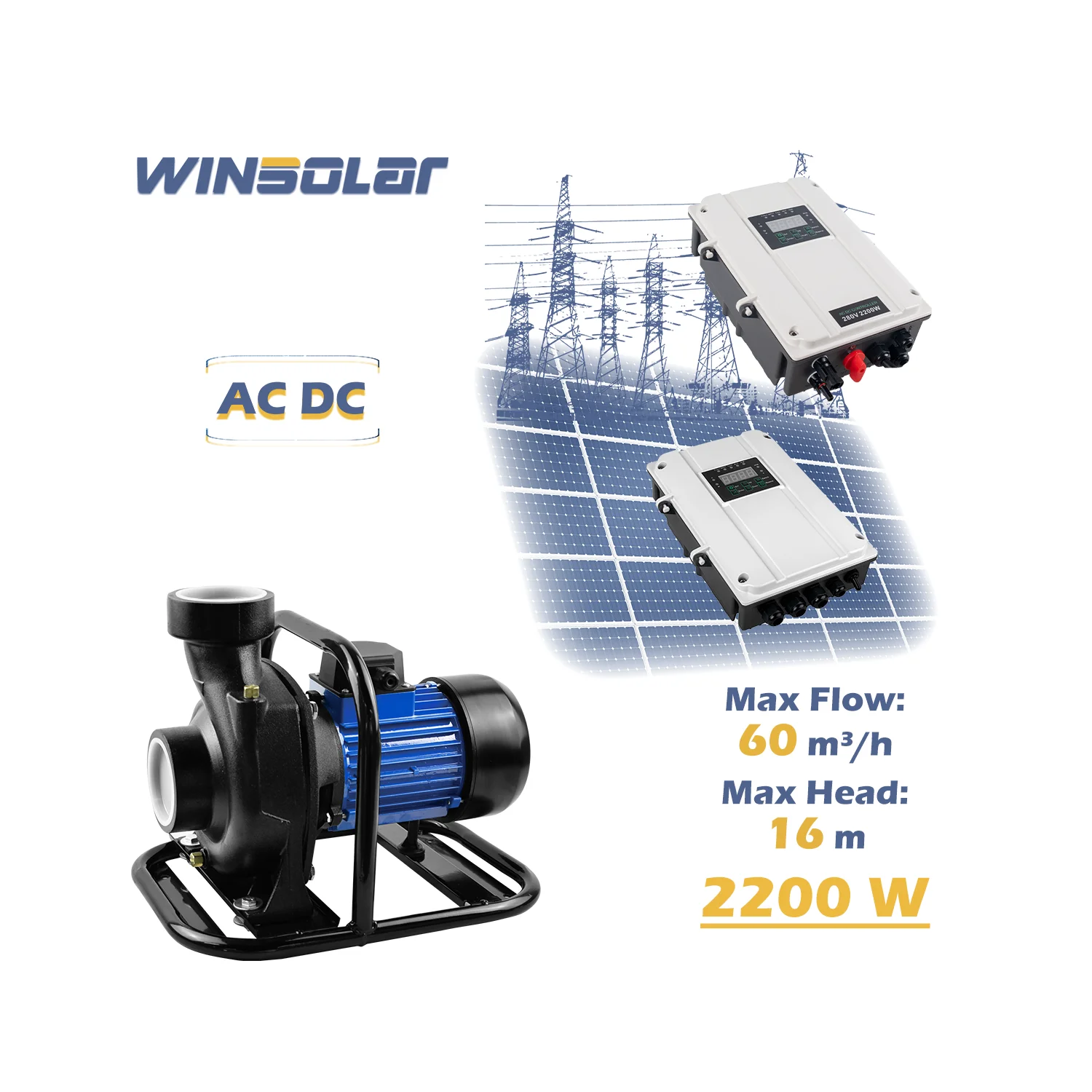 

WINSOLAR 3 HP 2200 W Solar Surface Pump for Agriculture Irrigation with AC DC Hybrid Power
