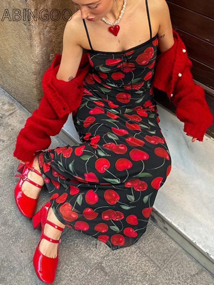 

ABINGOO Cherry Printed Spaghetti Strap Long Dress Women Fashion Folds Beach Holidays Sundress Summer Sexy Lady Elegant Dresses