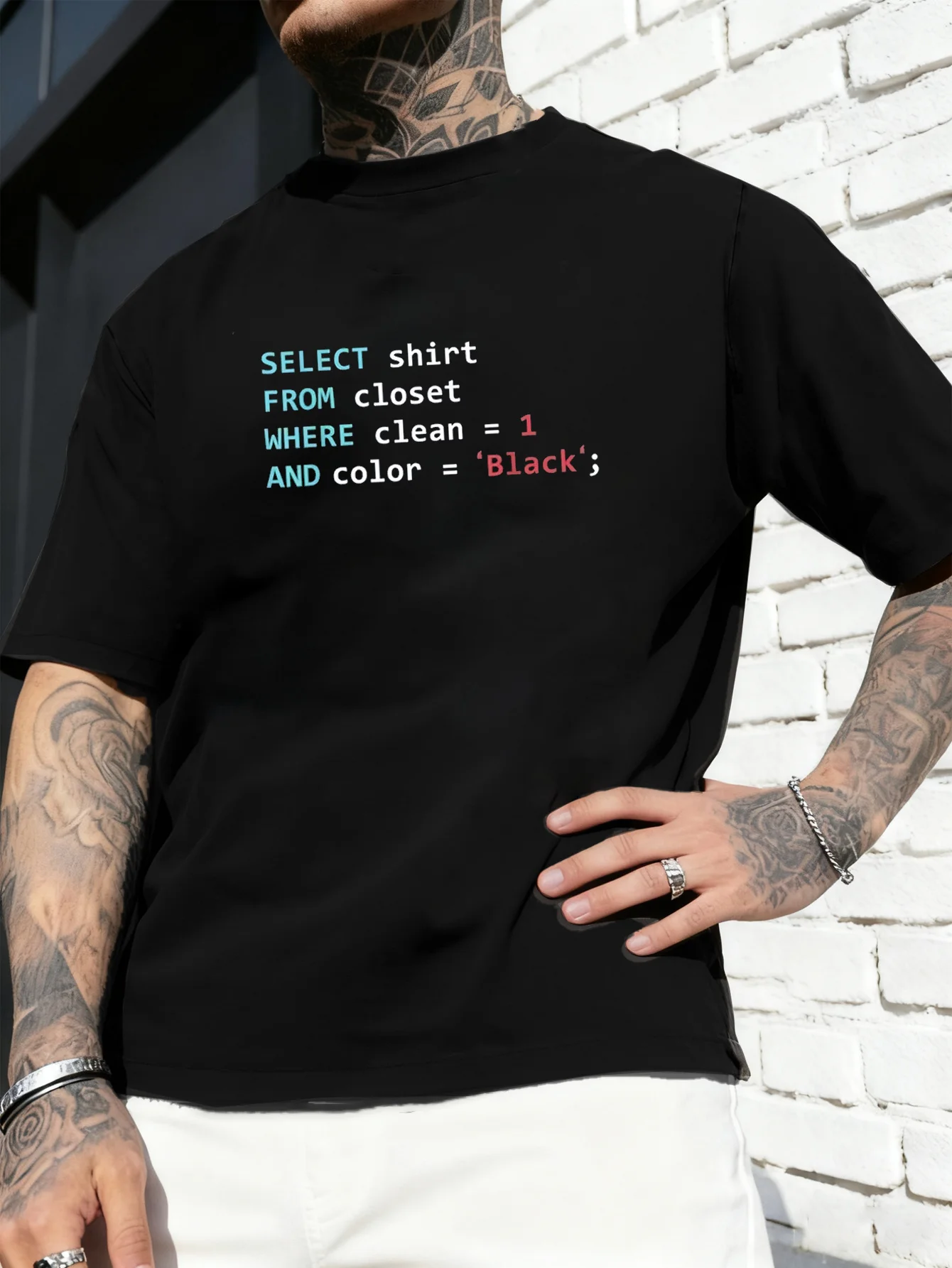 Men's SQL& HTML/CSS Coding T-Shirt with SELECT FROM WHERE Instructions& Code Print-  Web Developers, Computer Science Students,