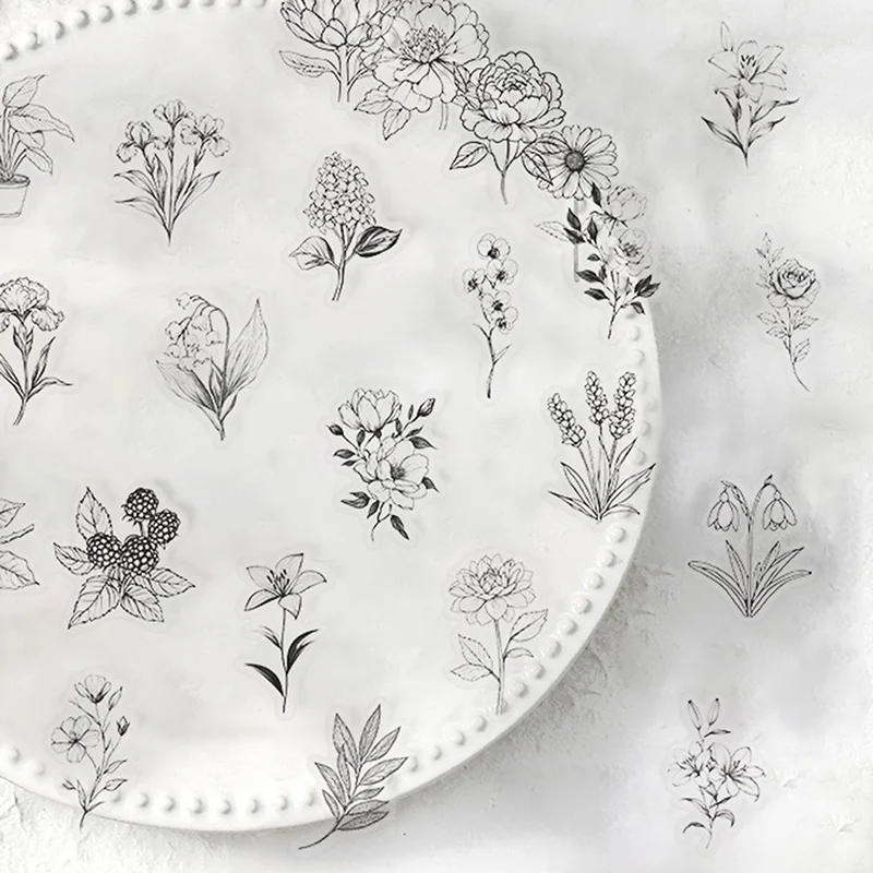 50 قطعة شفافة أسود أبيض خمر زهرة النبات ملصقات الشارات الإبداعية DIY بها بنفسك محمول سكرابوكينغ الديكور ملصقات الحيوانات الأليفة