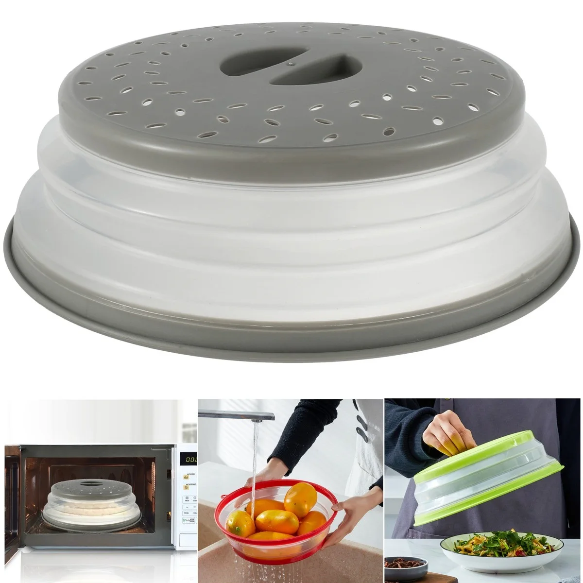 Microwave Splatter Cover Collapsible Food Plate Cover Drainer Basket Microwave Heating Splash-proof Cover Kitchen Cooking Lid