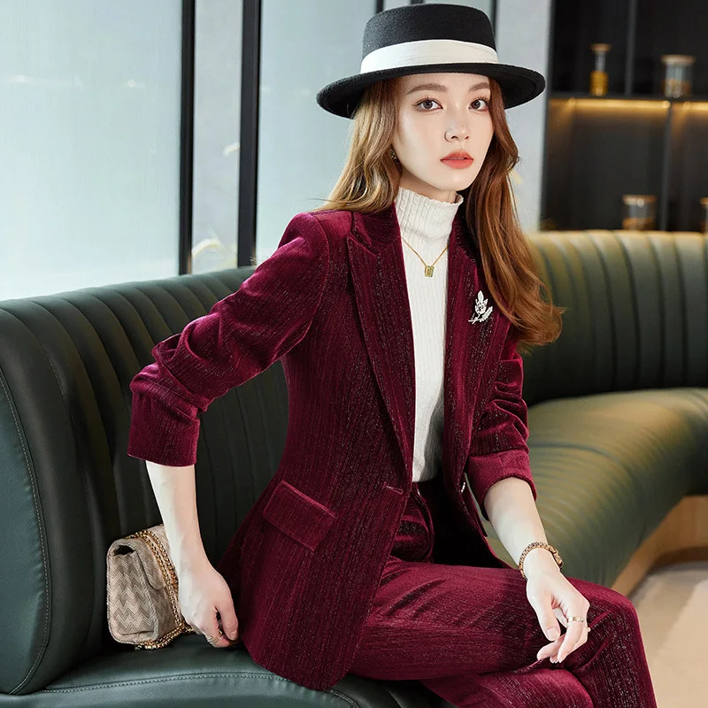 Costume d'affaires en velours de haute qualité pour femmes, avec pantalon et veste, manteau pour femmes, tenue de travail de bureau, blazer, ensemble pantalon