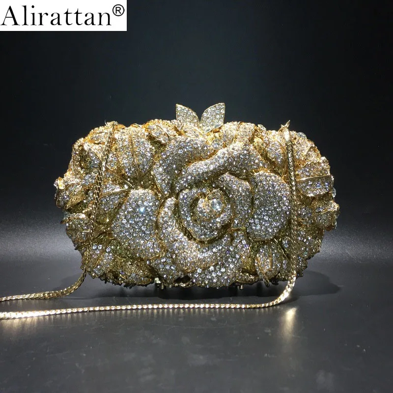 New Hollowed-out Diamond Flower Evening Bag for Women,High Quality Wedding Party Purses Chain Shoulder Crossbody Bag