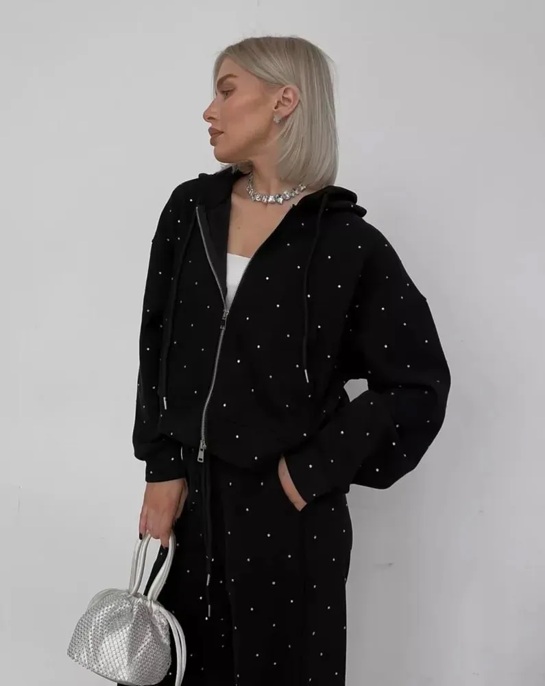 

Черные спортивные костюмы для женщин, толстовка с капюшоном и брюки на молнии, комплект из 2 предметов в горошек, спортивная одежда, повседневный спортивный костюм для женщин