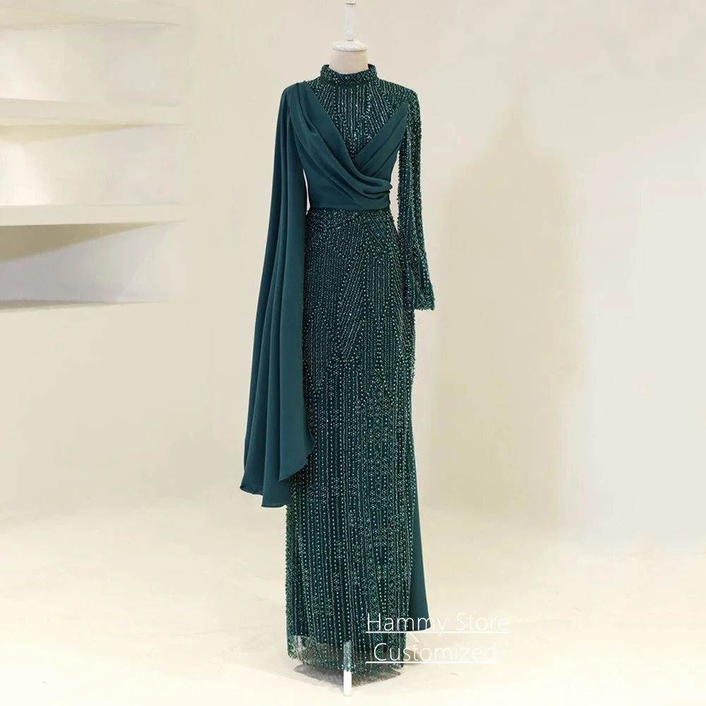 

New Arrival Evening Dress Customized High Neck Long Sleeves Beading Sequined Mermaid Party Gown Arabian Prom Dresses