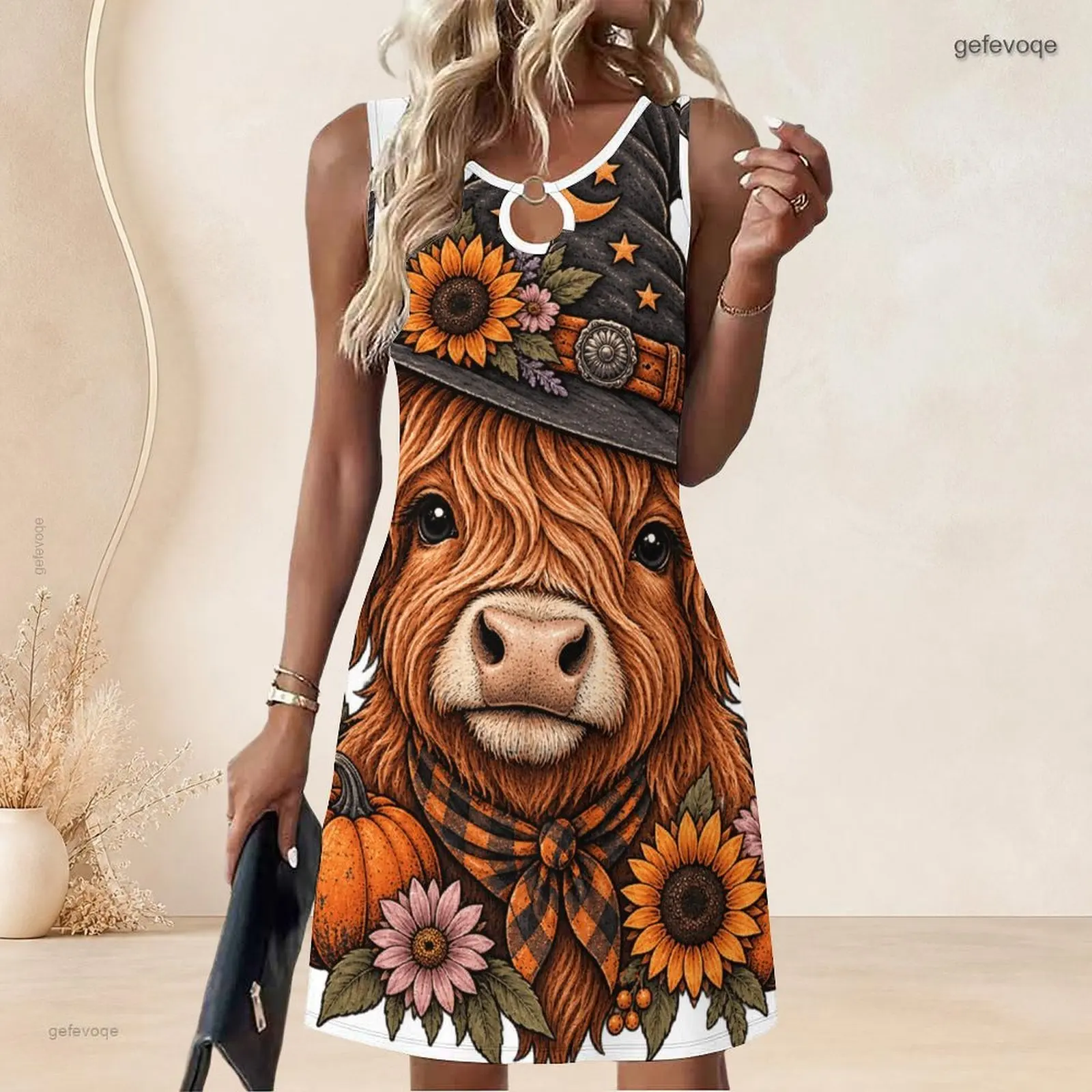 Women Sleeveless A Line Mini Dress O Ring Keyhole Neckline Loose Swing Short Dress Custom Print Ladies Casual Daily Dress