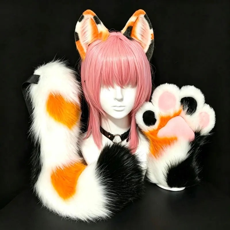 Fursuit 3Pcs/set Furry Anime Cat Dog Kemonomimi Paws Headband Tail Comic-Con Cosplay Costume Accessories Plush Animal Ears