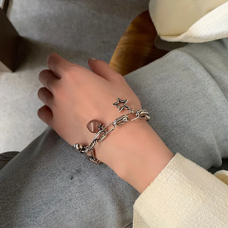 New Arrival Elegant Strawberry Quartz Love Heart & Star Thai Silver Female Charm Bracelet Wholesale Jewelry For Women No Fade