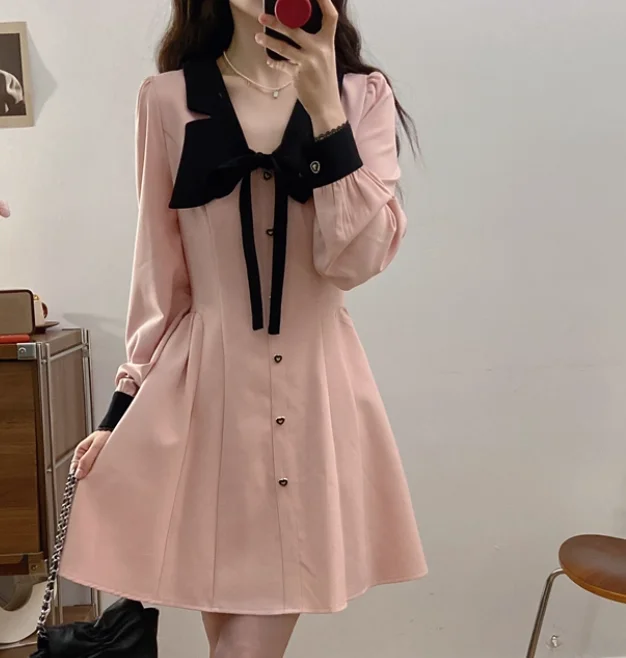 ربيع الخريف كبير الحجم دمية طوق الفرنسية الوردي القوس فساتين اليابانية عالية الخصر ألف خط طويلة الأكمام الحد من العمر الفتيات اللباس #5