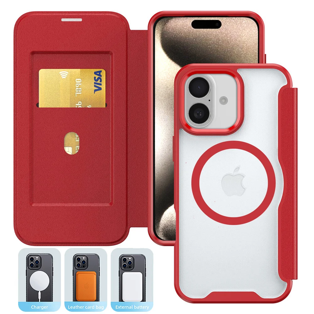 Luxe Flip Slot Kaarthouder Magnetische Telefoonhoes Voor iPhone 18 15 16 11 12 13 14 17 Pro Max Mat Translucent Stootvaste Hoes